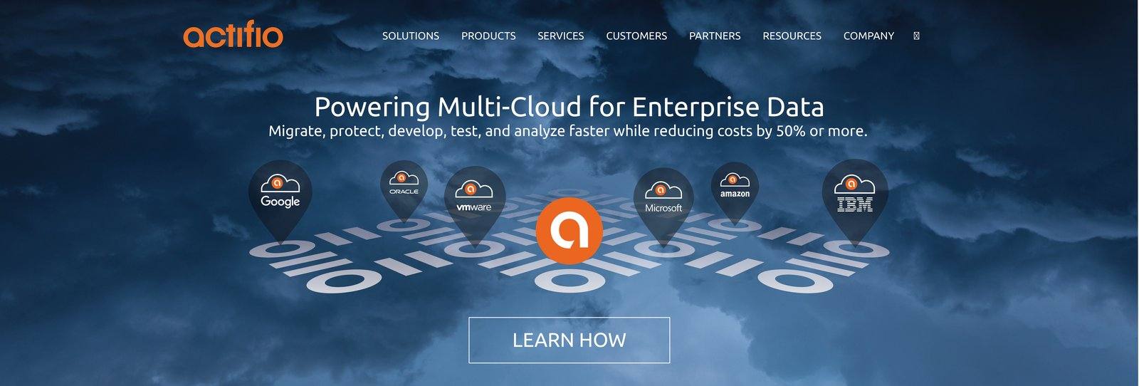 Web banner: Powering Multi-Cloud for Enterprise Data, cloud provider icons over a storm cloud sky with the Actifio mark