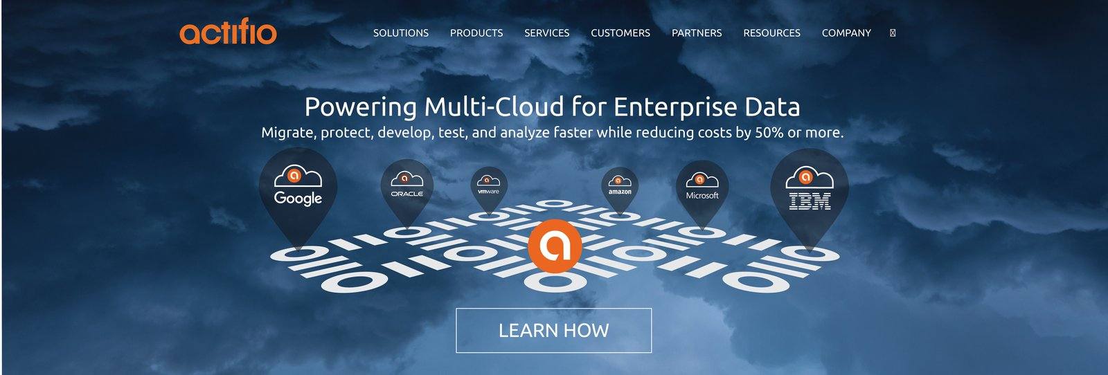 Web banner variant: Powering Multi-Cloud for Enterprise Data, with larger provider icons around the Actifio mark