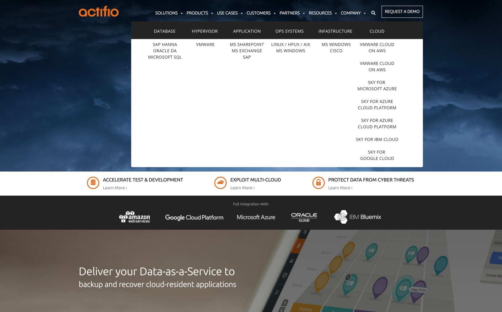 Actifio homepage header with the navigation menu open, style 1 of 5