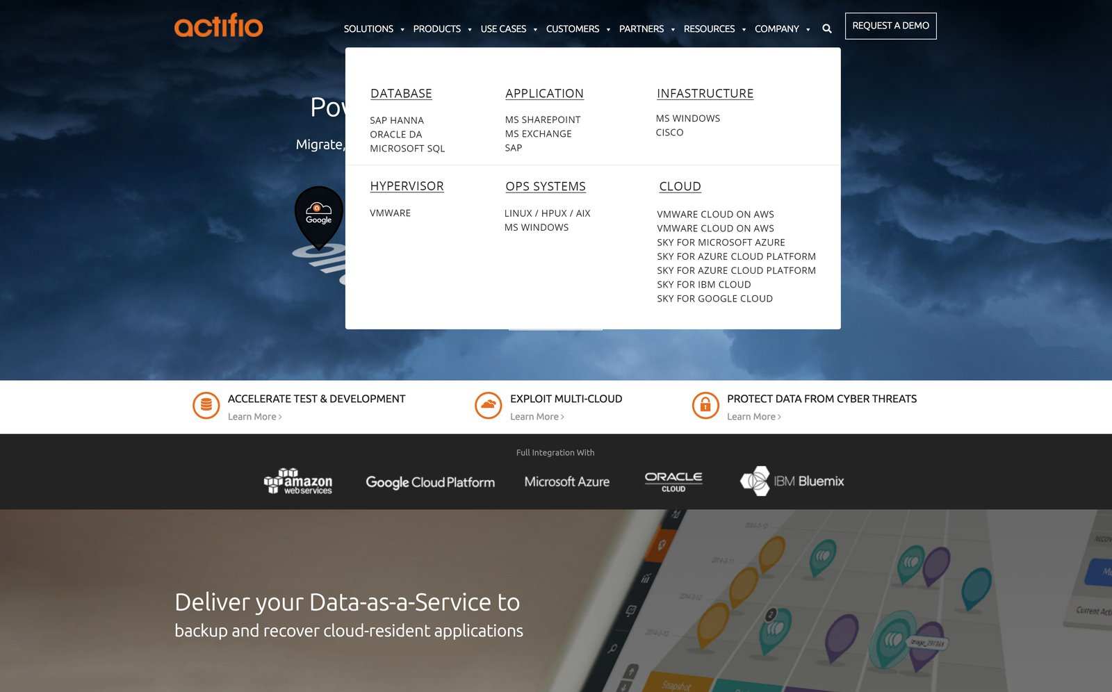 Actifio homepage header with the navigation menu open, style 2 of 5