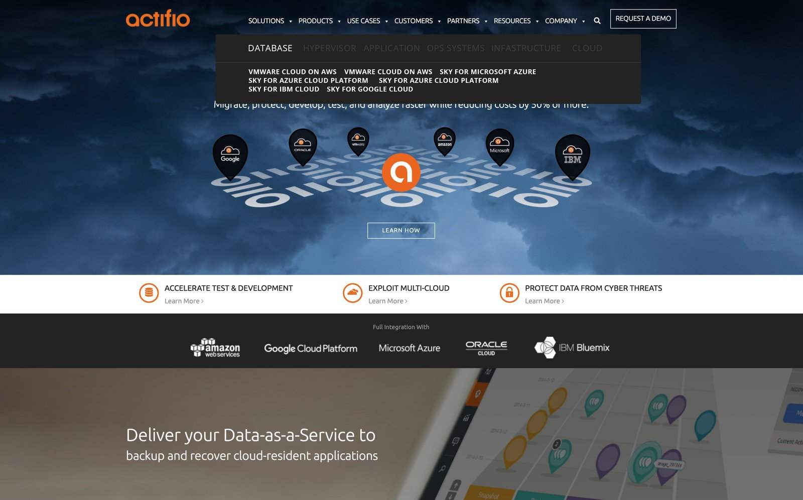 Actifio homepage header with the navigation menu open, style 3 of 5