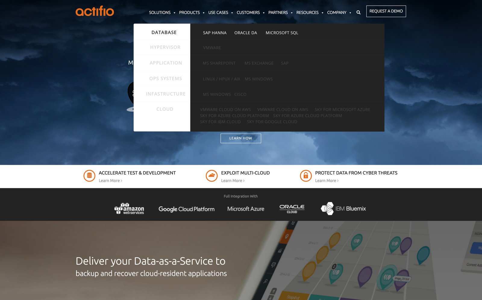 Actifio homepage header with the navigation menu open, style 4 of 5