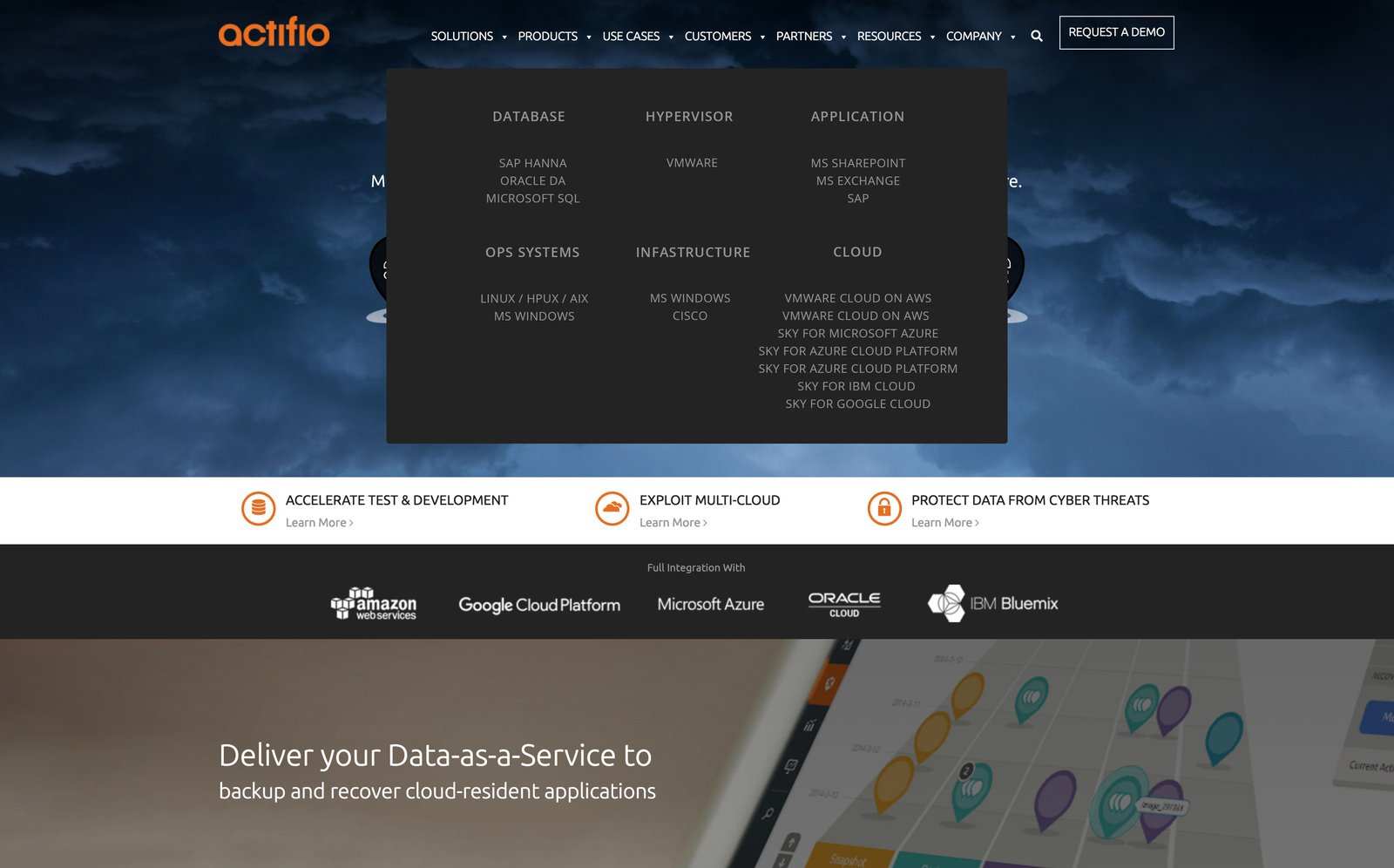 Actifio homepage header with the navigation menu open, style 5 of 5