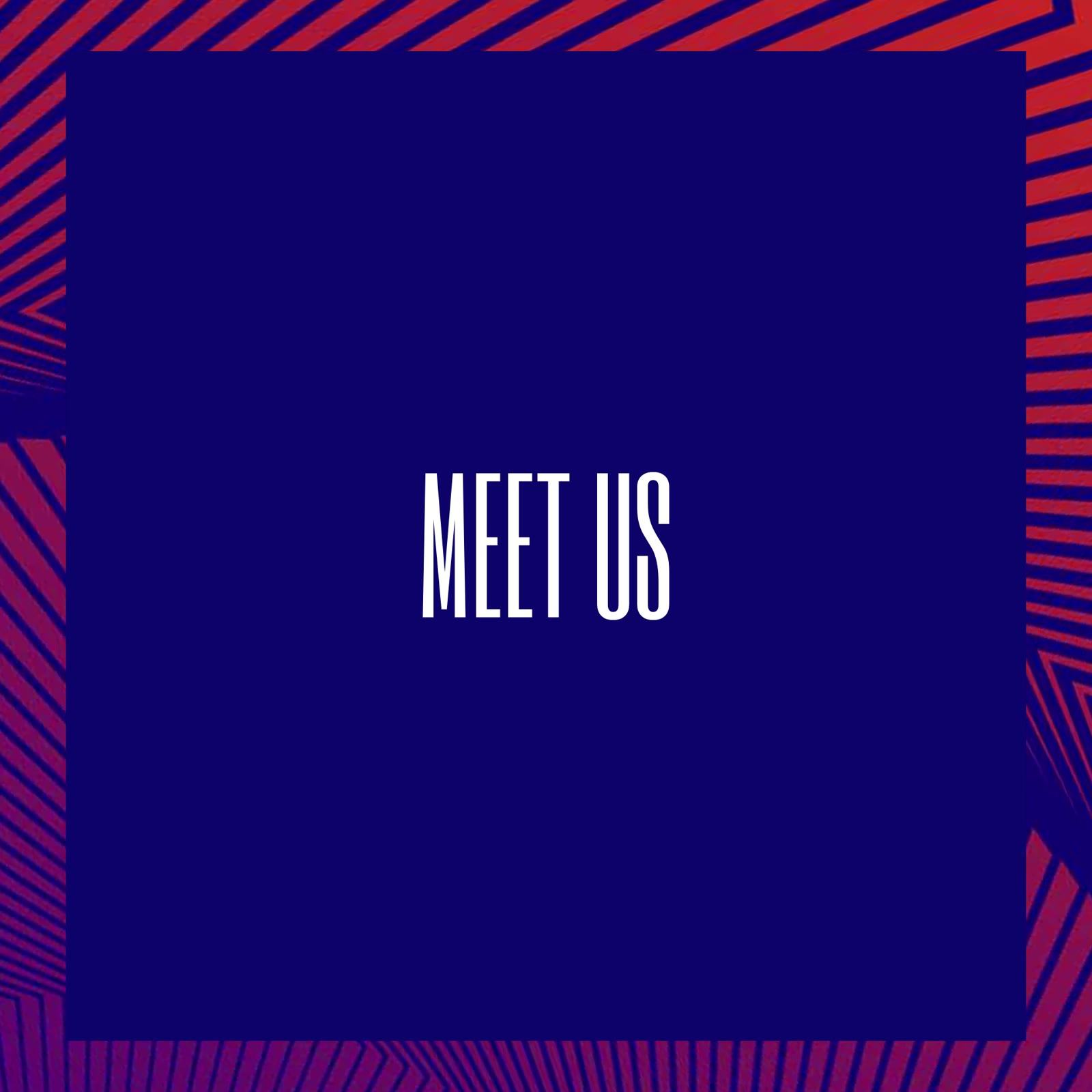 A frame from the Thurgood Marshall College Fund hype video: MEET US in white on navy inside a red and violet striped frame