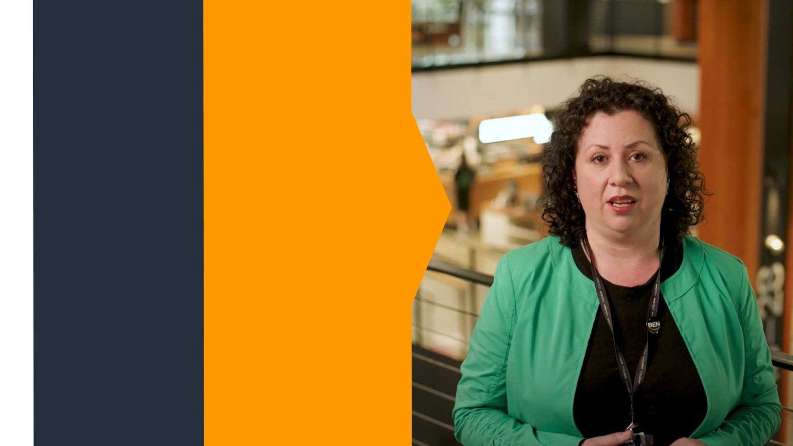 Transition design: orange and navy pixel blocks break up the interview frame