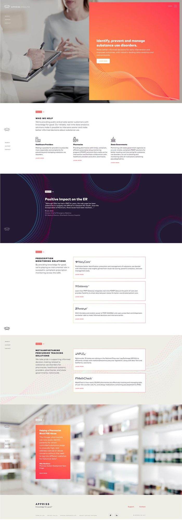 Appriss direction one, Dot + Wave: a full page layout with the dot and wave pattern behind each section