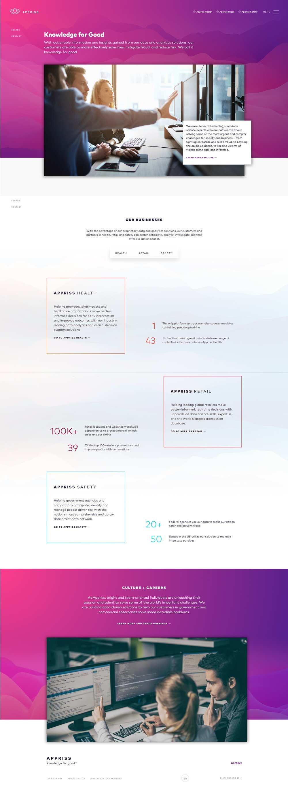 Appriss home page, Knowledge for Good, with the three business units, version A
