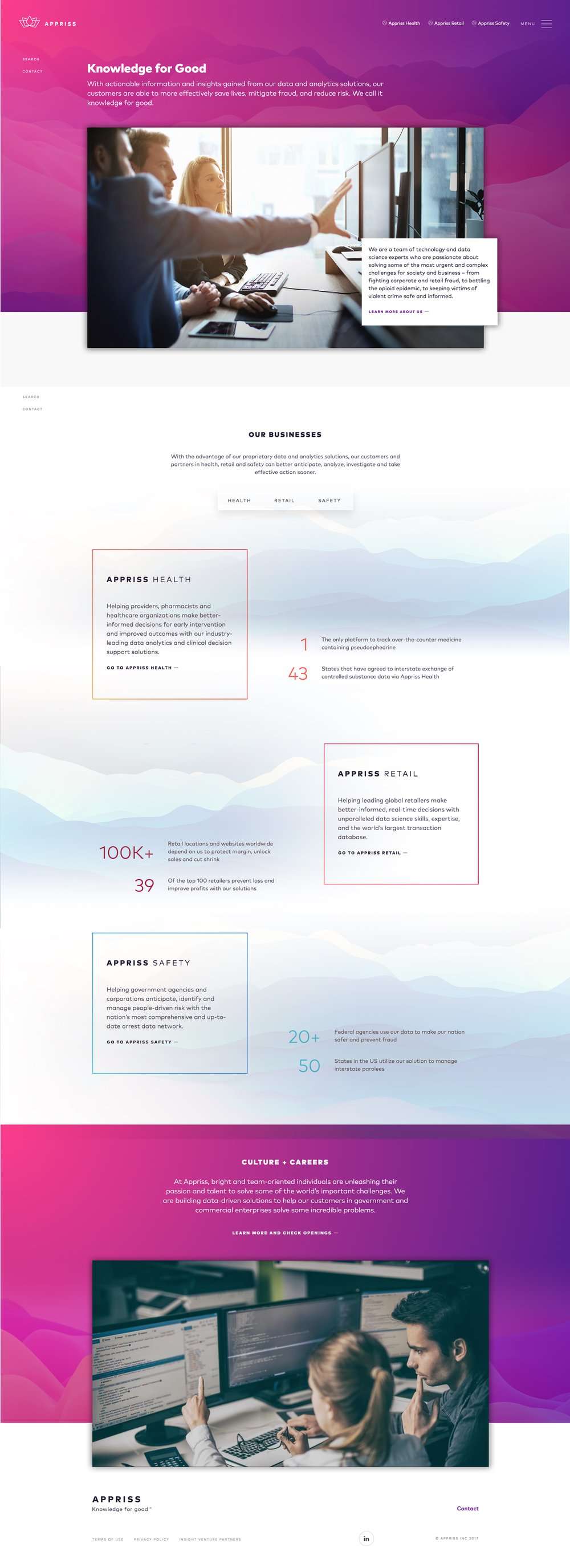 Appriss home page, Knowledge for Good, with the three business units, version B