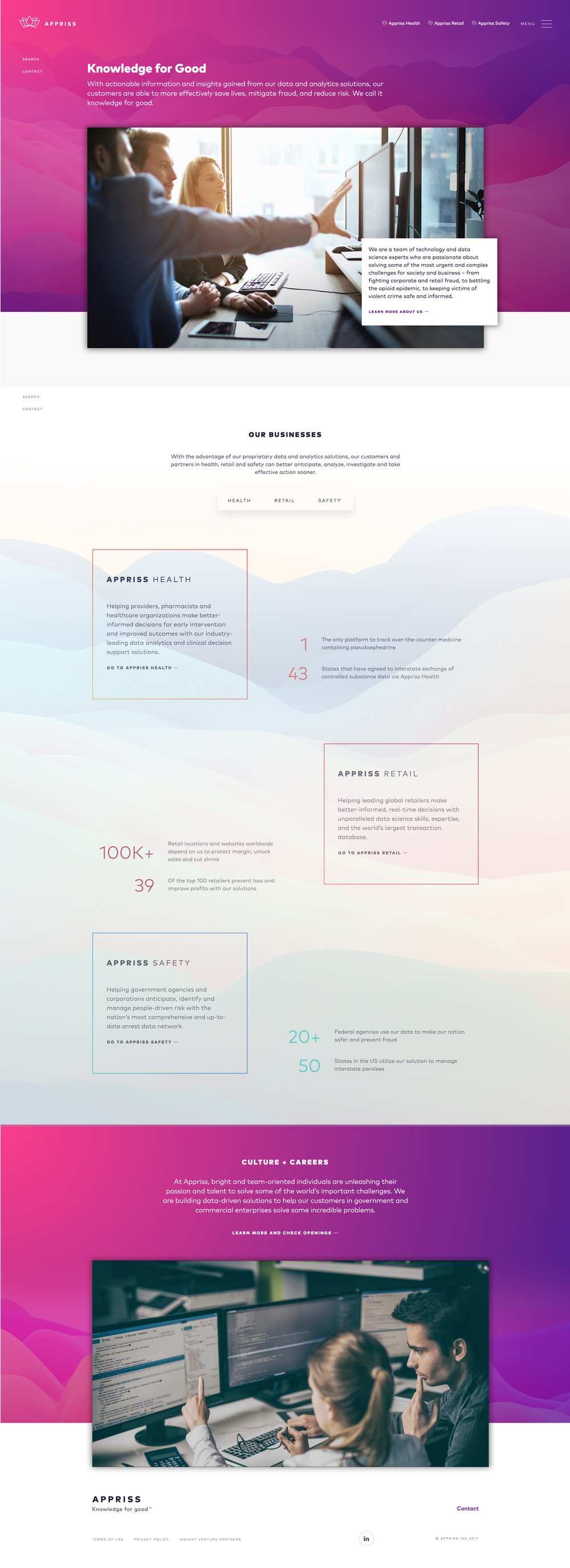 Appriss home page, Knowledge for Good, with the three business units, version C
