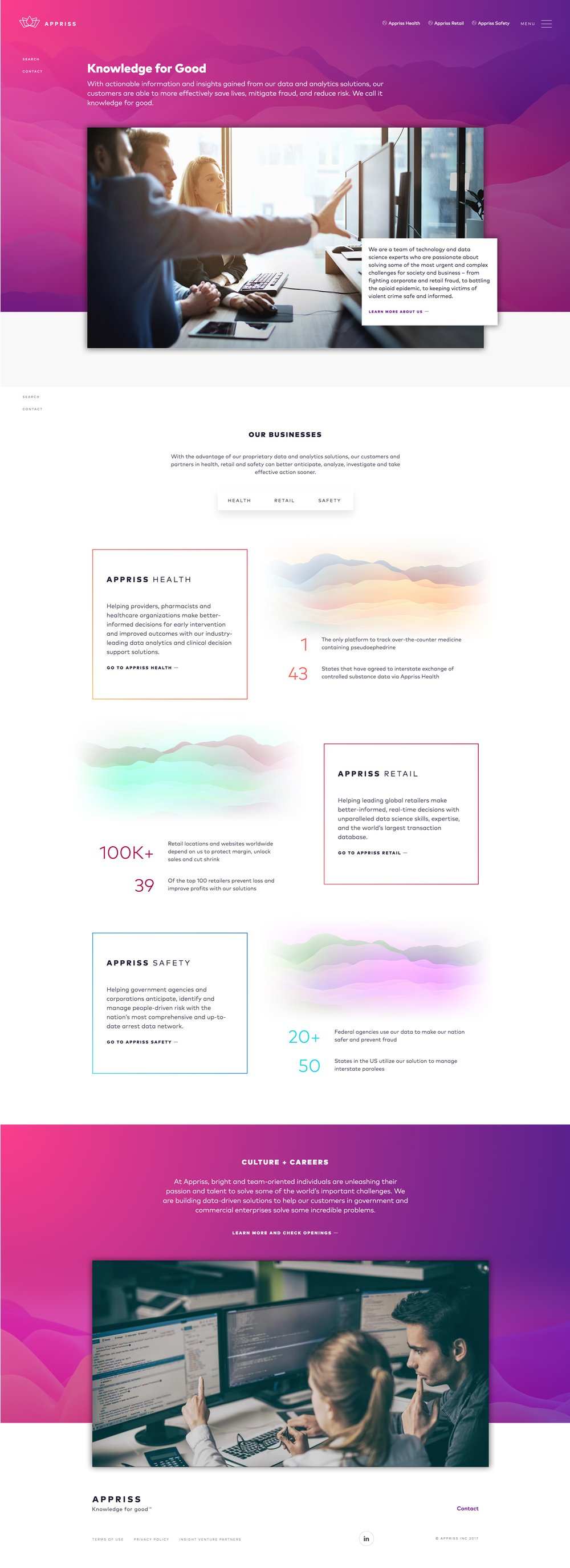 Appriss home page, Knowledge for Good, with the three business units, version D
