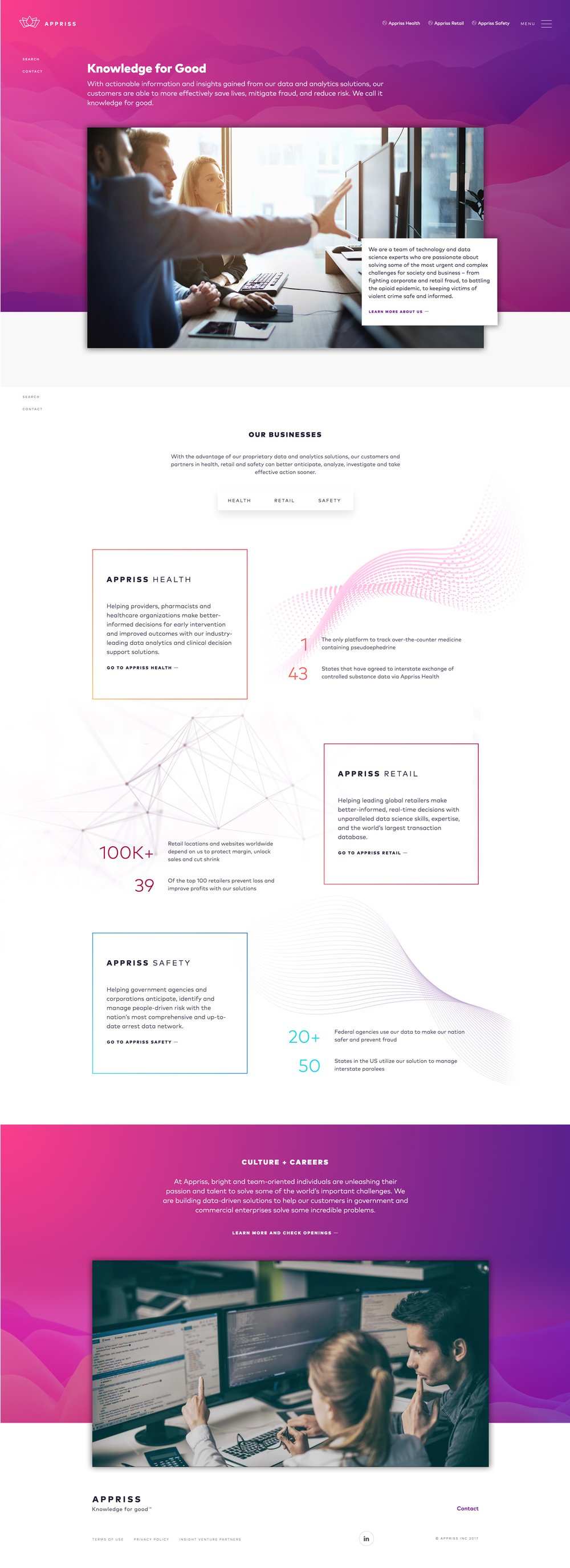 Appriss home page, Knowledge for Good, with the three business units, version E in colour
