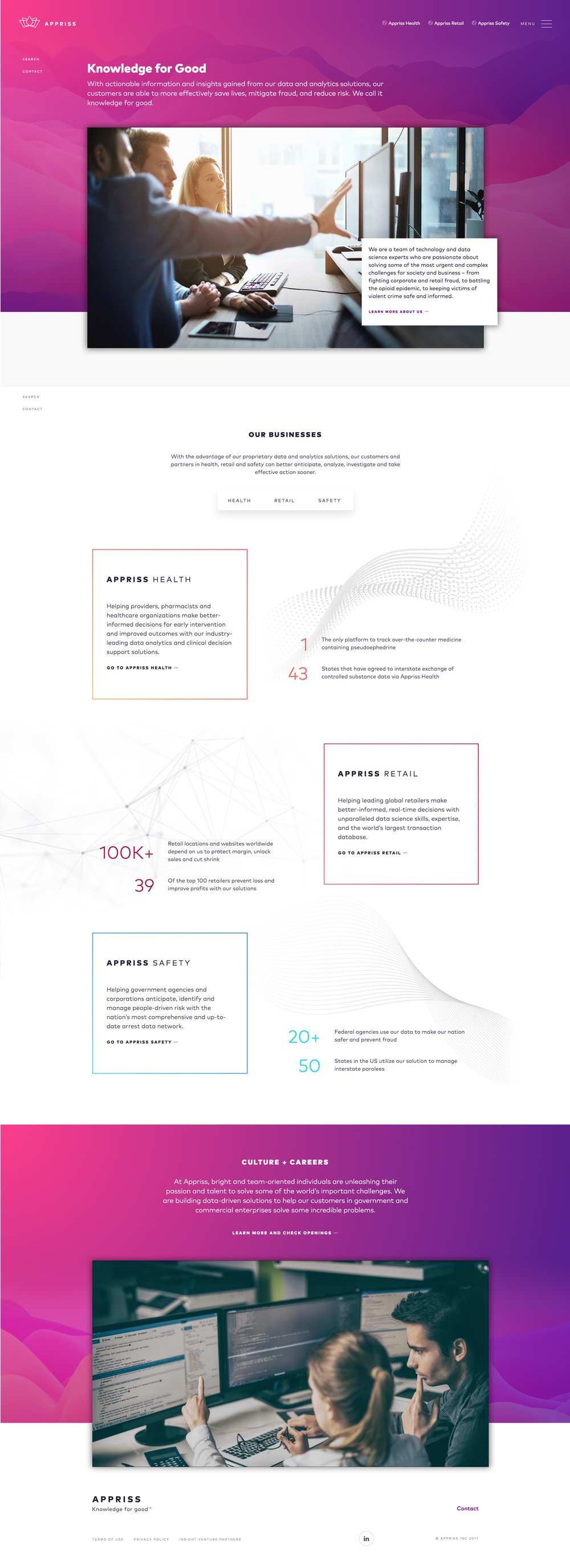 Appriss home page, Knowledge for Good, with the three business units, version E