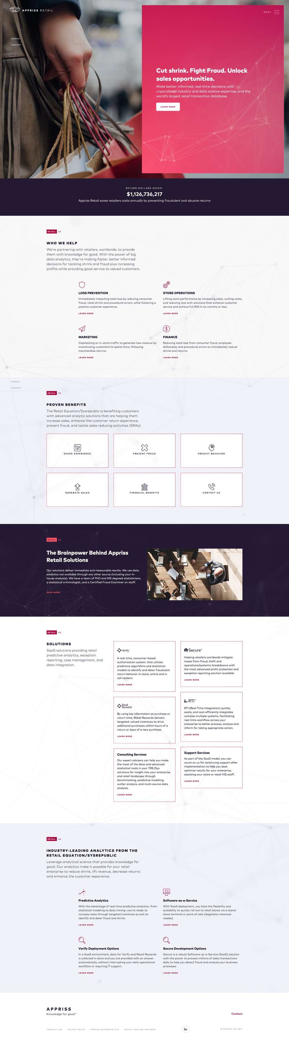 Appriss Retail page, Cut shrink. Fight Fraud. Unlock sales opportunities. Line and dot pattern