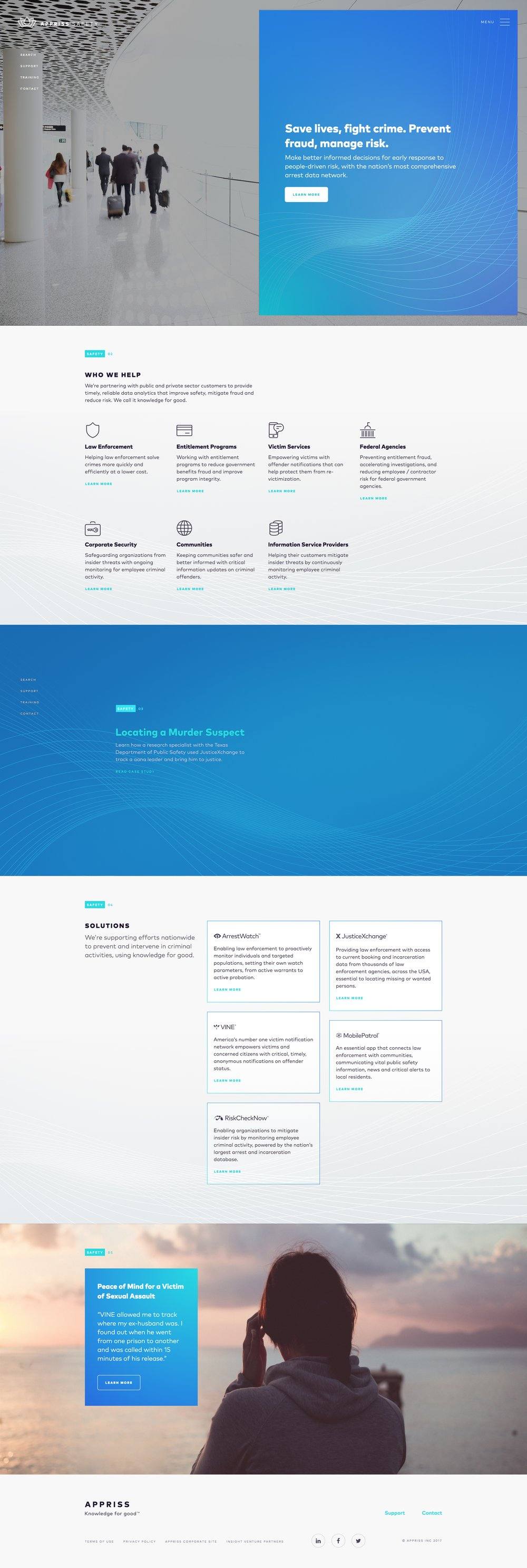 Appriss Safety page, Save lives, fight crime. Prevent fraud, manage risk. Line and wave pattern