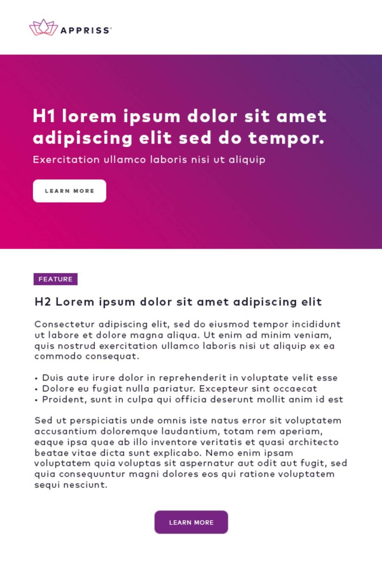 Email template with a purple gradient hero, placeholder headline, feature article and Learn More button