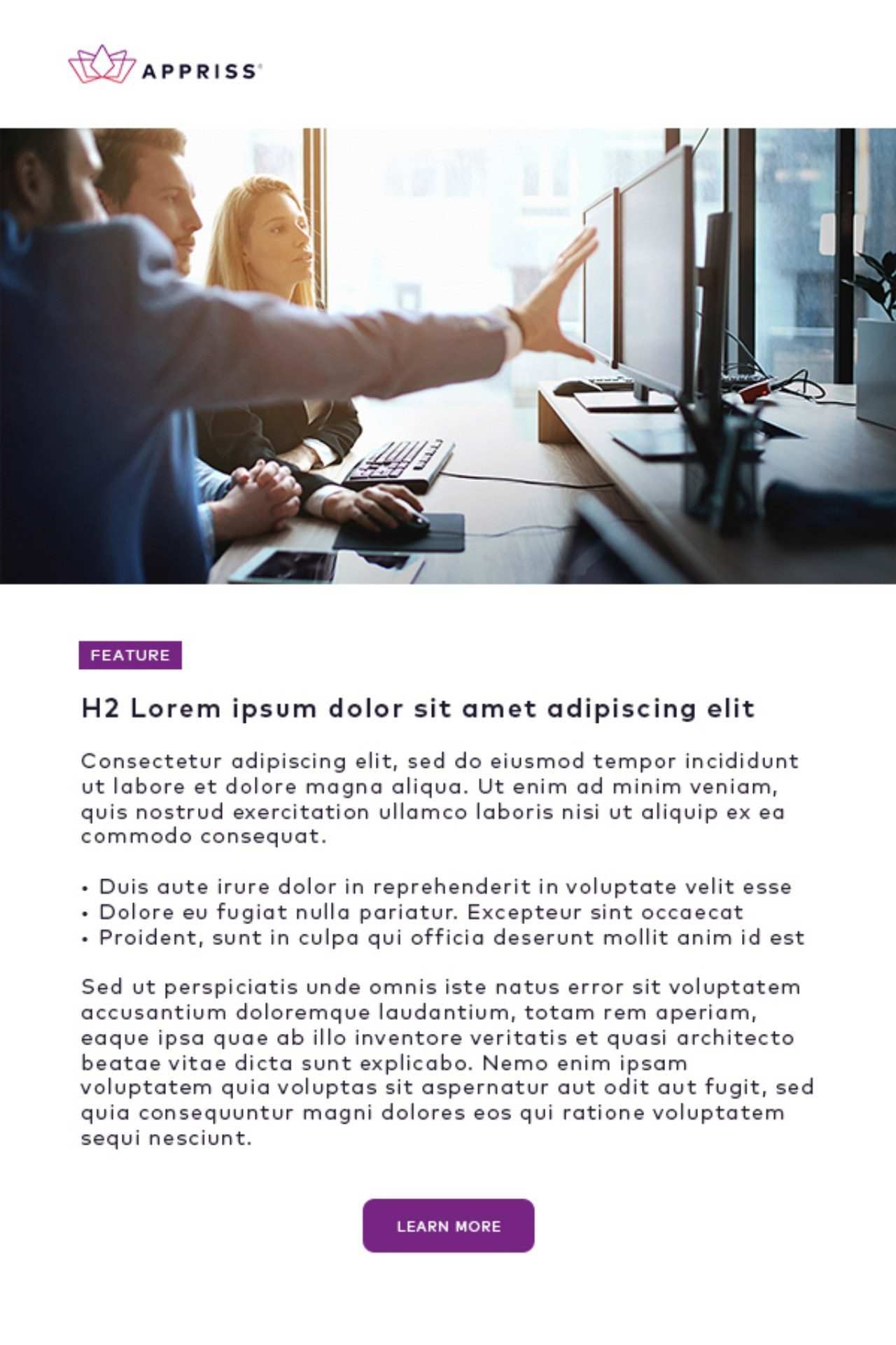 Email template with a photo hero of a woman at a computer, placeholder headline, feature article and Learn More button