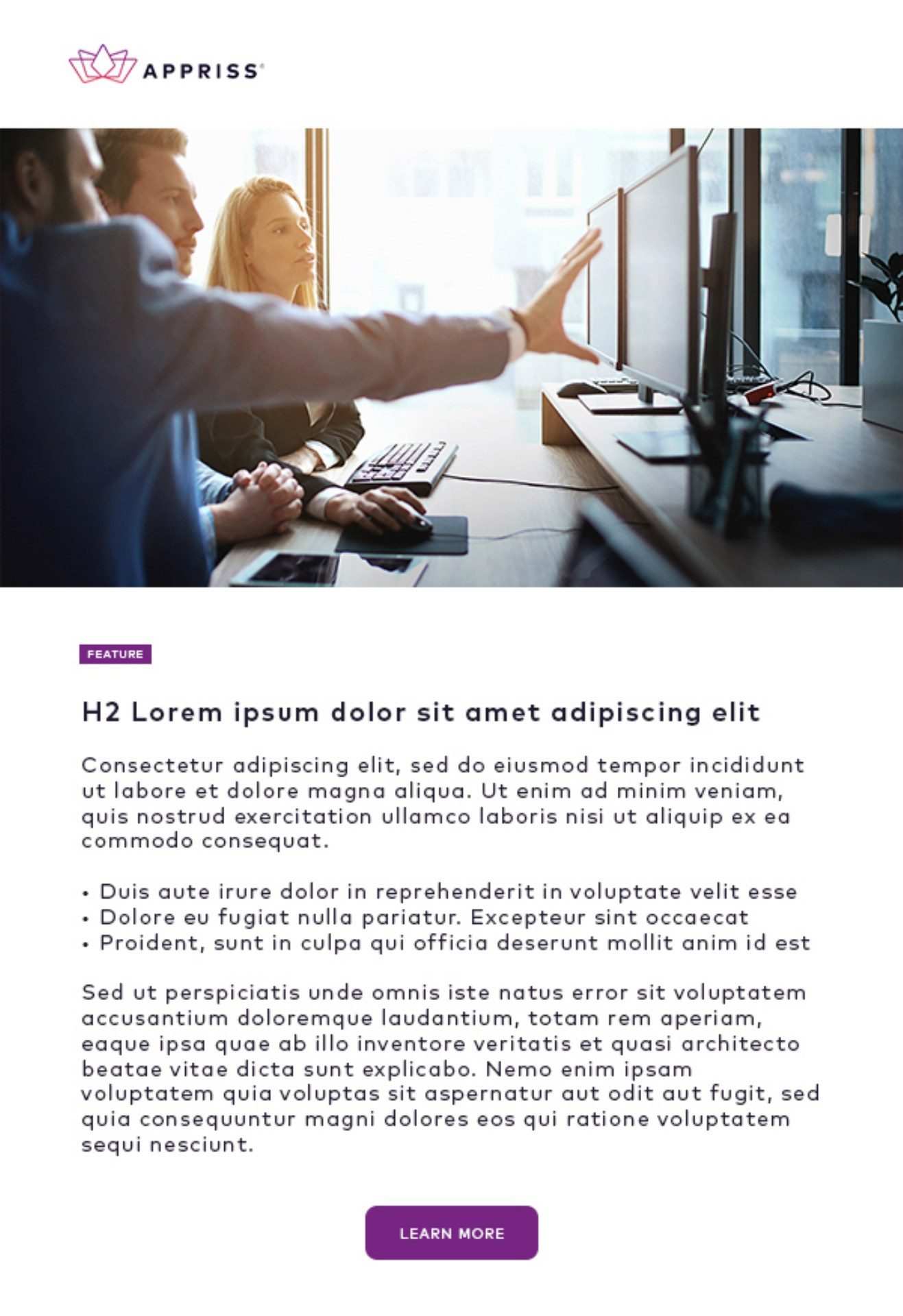 Email template with a photo hero and a feature article, a variant