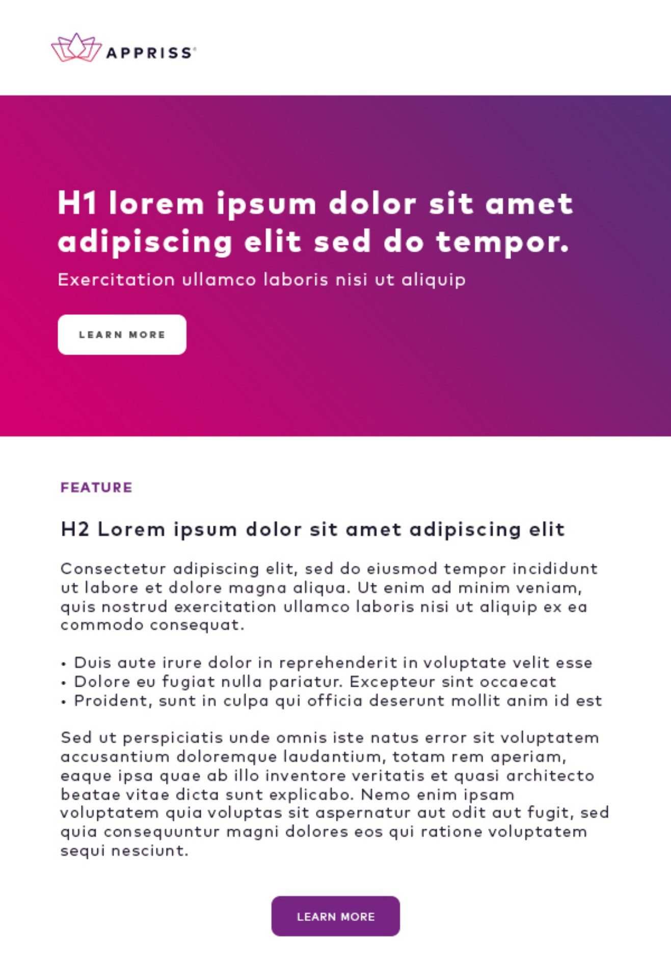 Email template with a purple gradient hero and a feature article, another variant