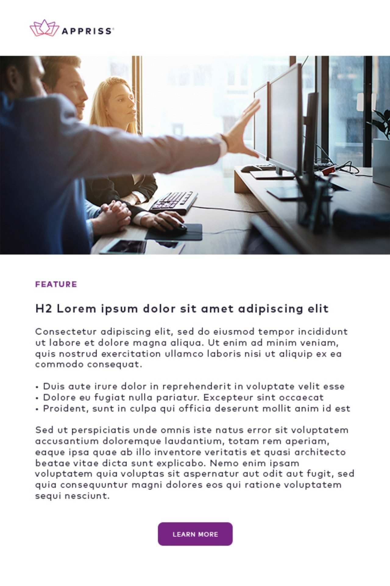 Email template with a photo hero and a feature article, another variant