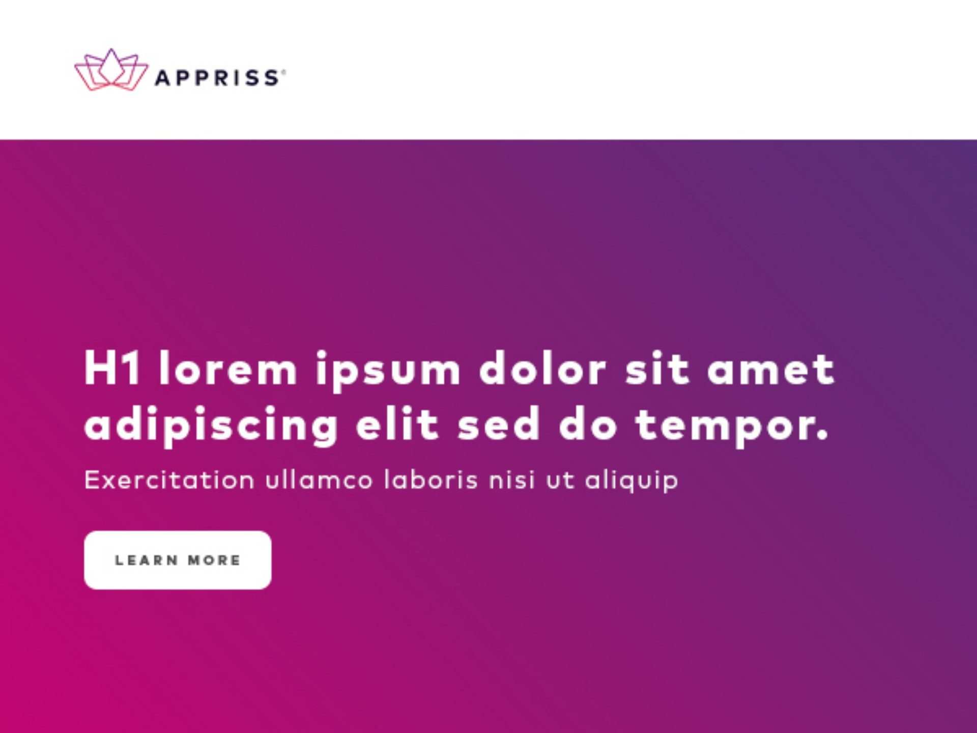 Email header: Appriss logo over a magenta to purple gradient banner with a placeholder headline and Learn More button