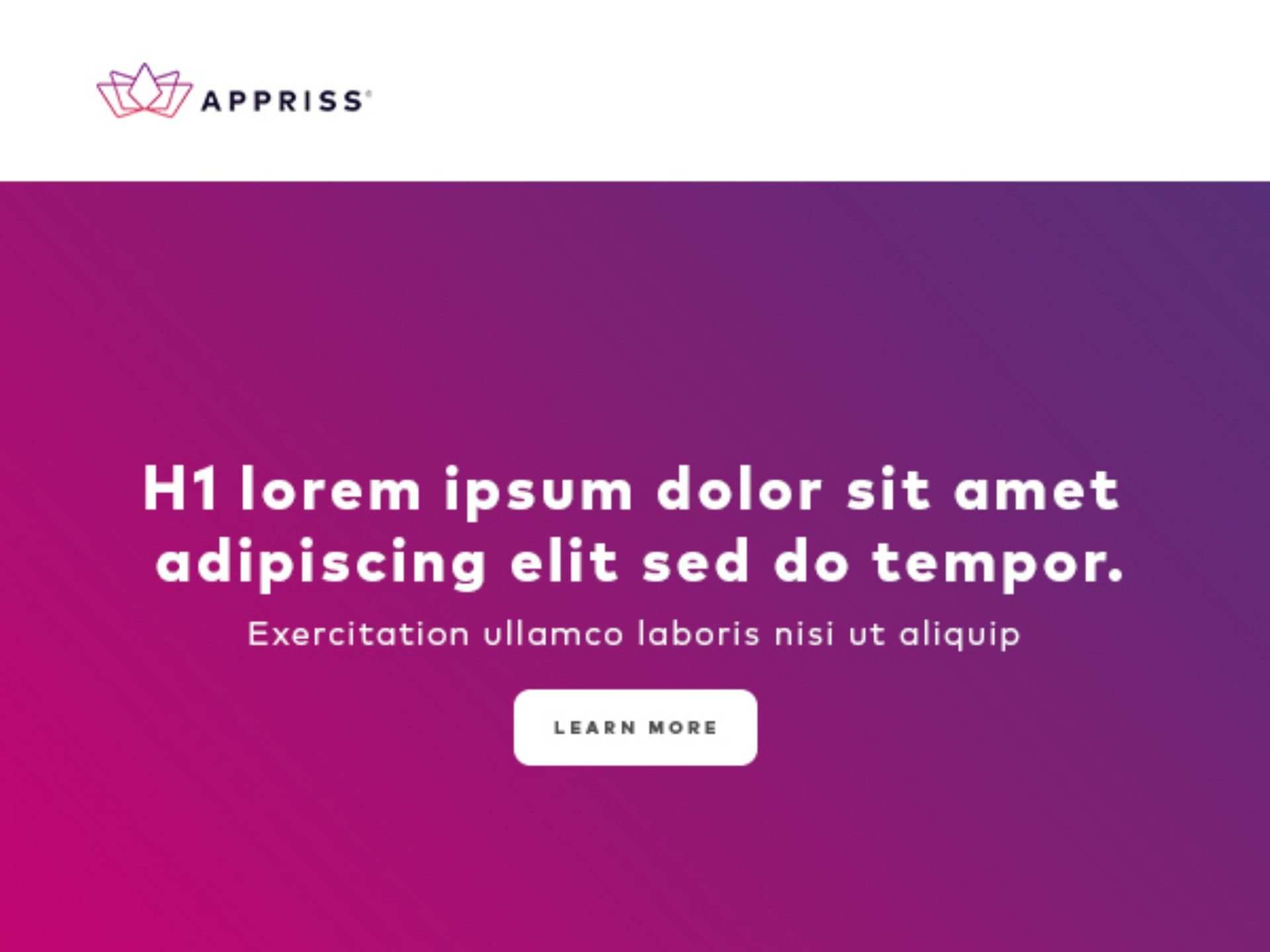 Email header: a second gradient banner with a centred placeholder headline and Learn More button