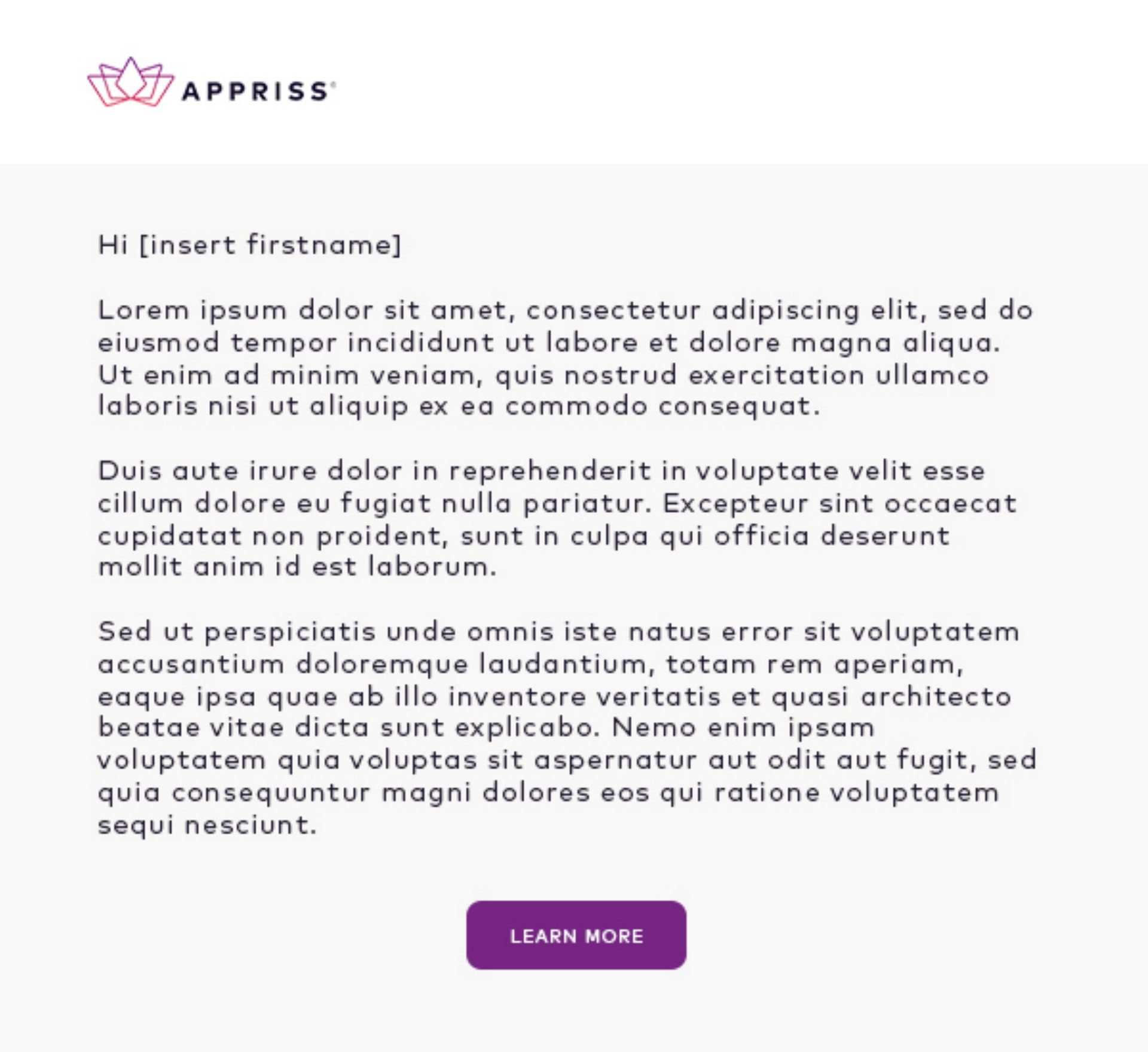 Letter-style email: Hi [insert firstname], placeholder paragraphs and a Learn More button