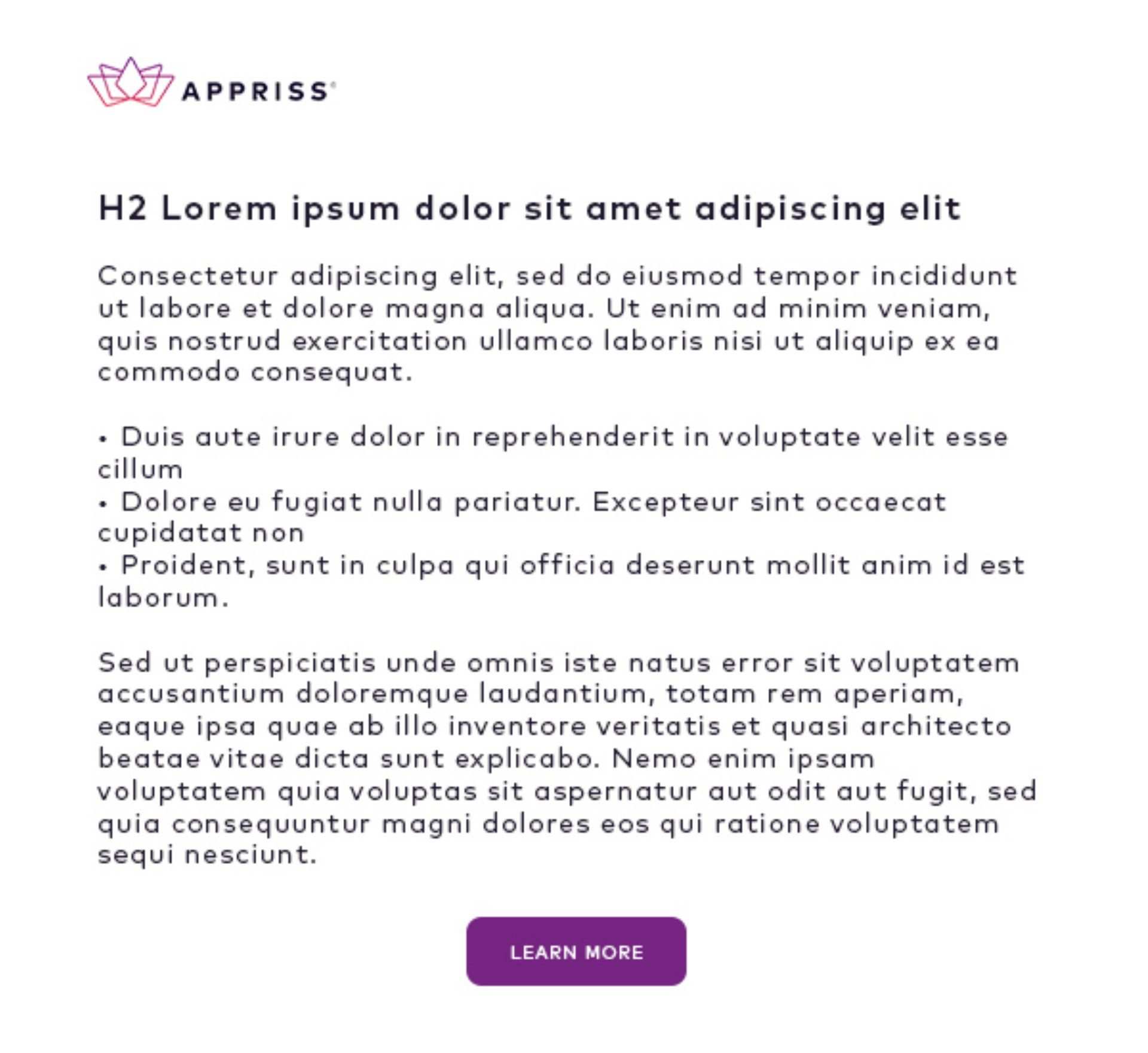 Text email: an H2 headline, placeholder paragraphs, a bullet list and a Learn More button