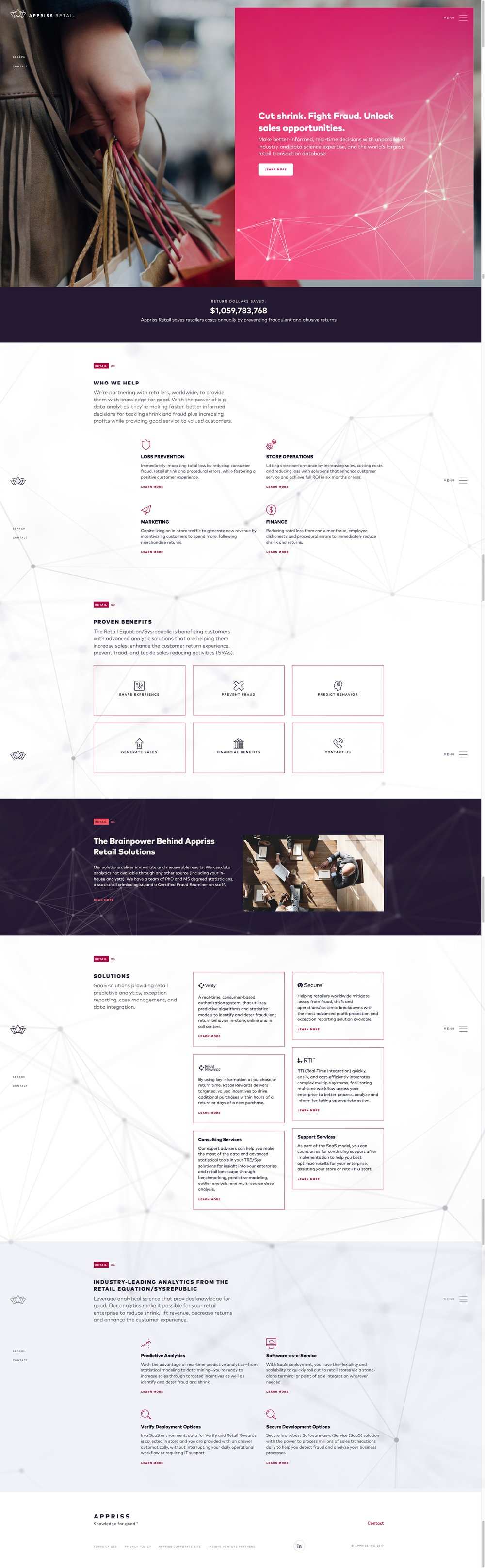 Appriss Retail page, Cut shrink. Fight Fraud. Unlock sales opportunities. Pattern version 1