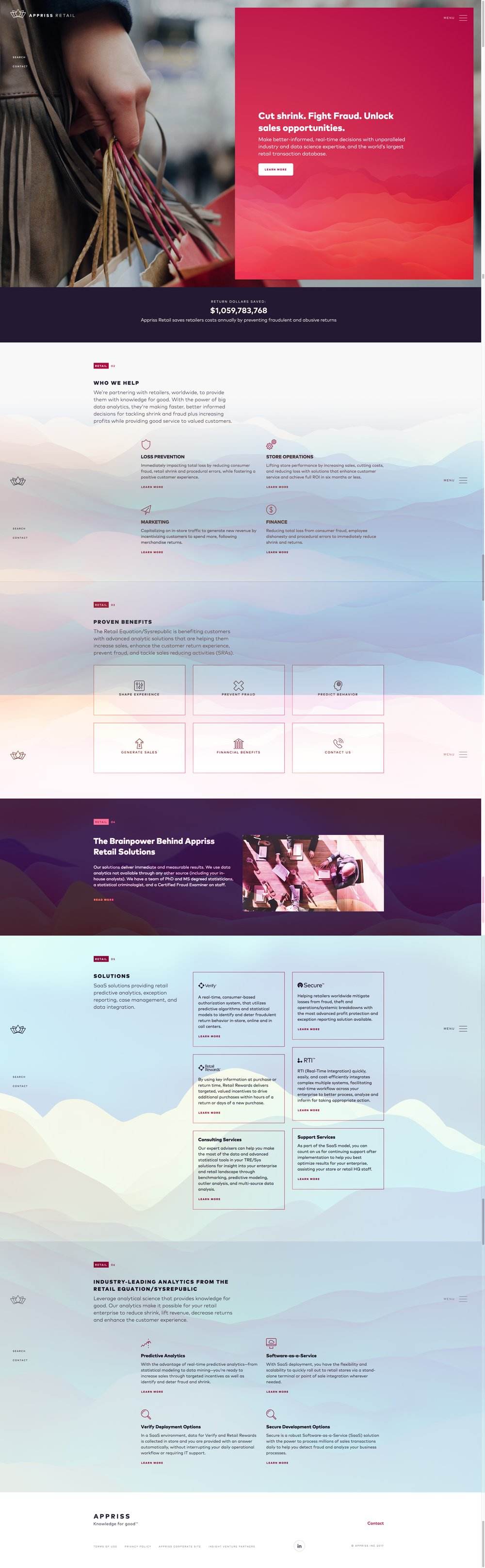 Appriss Retail page, Cut shrink. Fight Fraud. Unlock sales opportunities. Pattern version 2