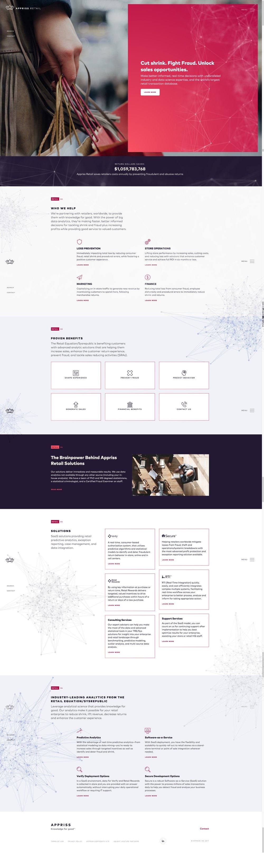 Appriss Retail page, Cut shrink. Fight Fraud. Unlock sales opportunities. Pattern version 3