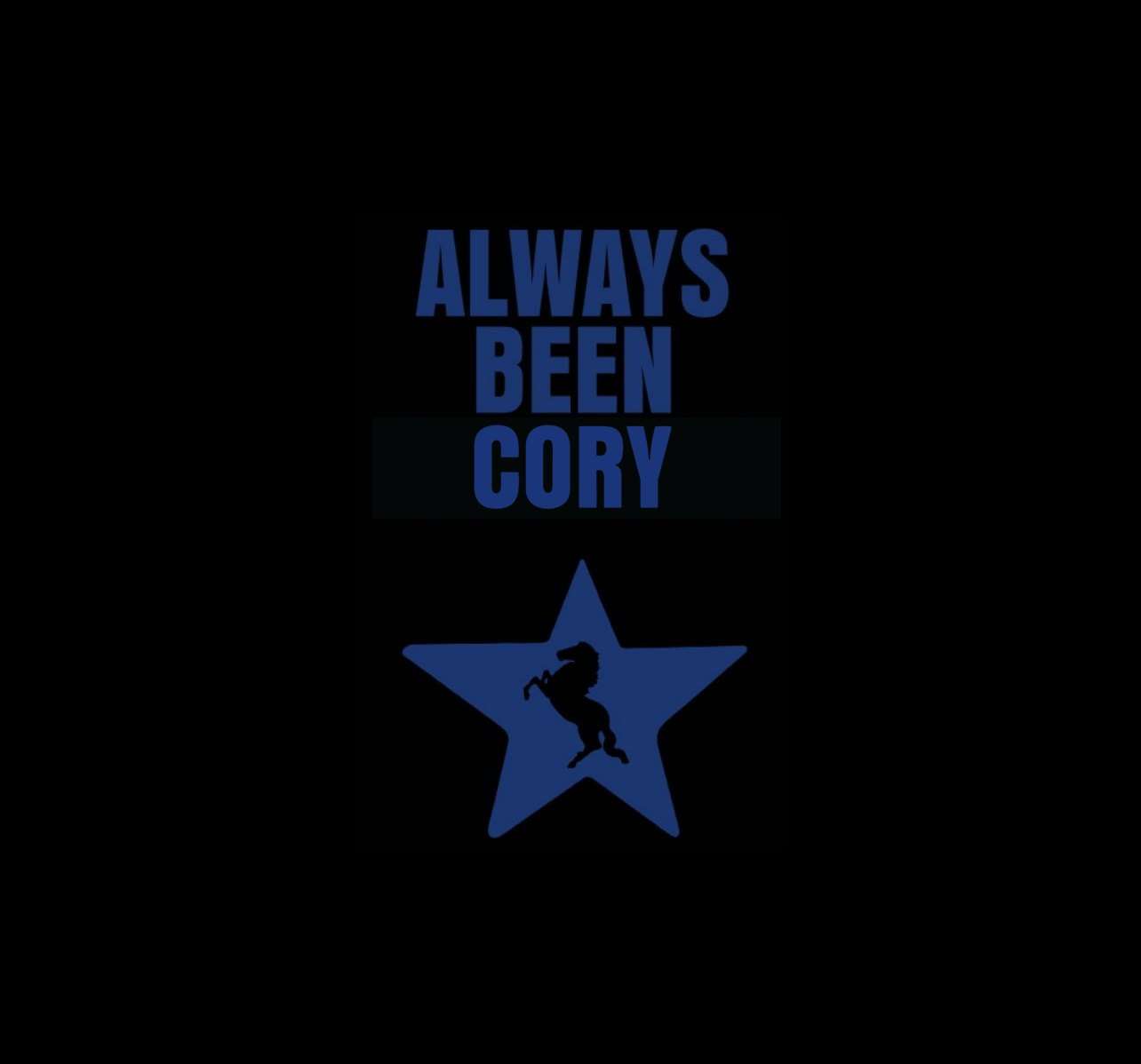 Cover artwork: Always Been Cory in blue over a blue star with a horse and rider, on black