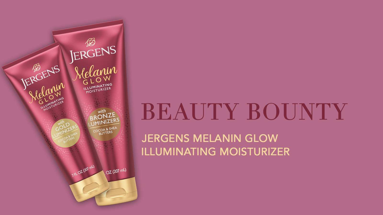 Title card exploration: two Melanin Glow tubes at an angle beside Beauty Bounty, on rose