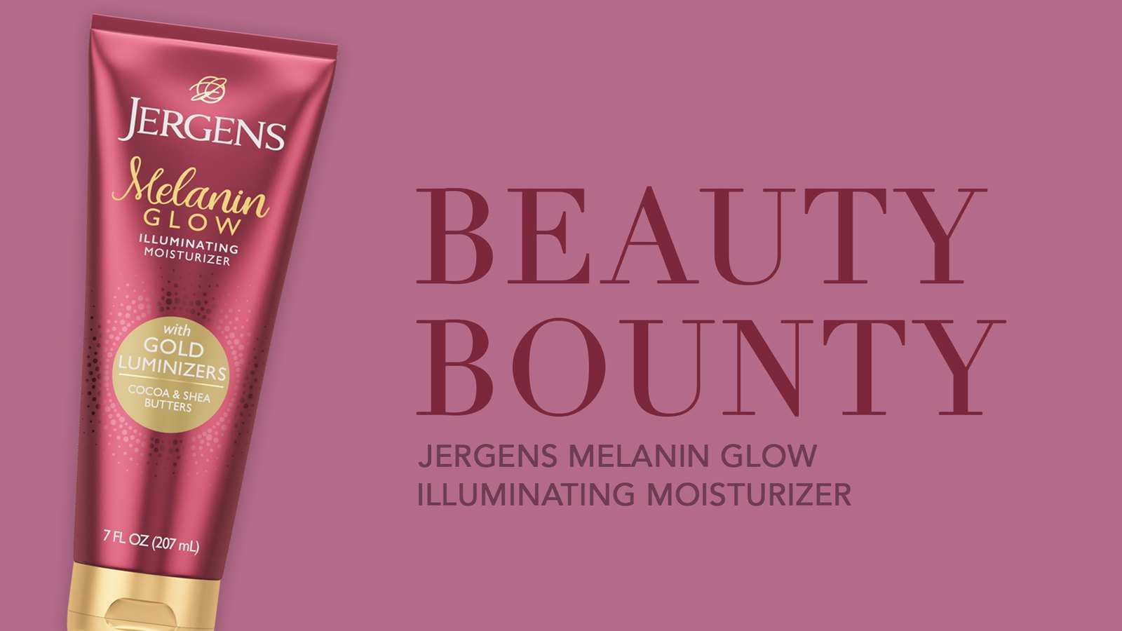 Title card exploration: one Melanin Glow tube beside Beauty Bounty set large, on rose