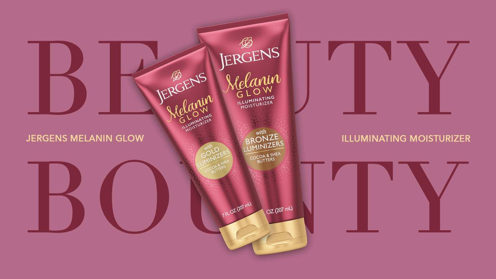 Title card exploration: two Melanin Glow tubes set over the Beauty Bounty type, on rose