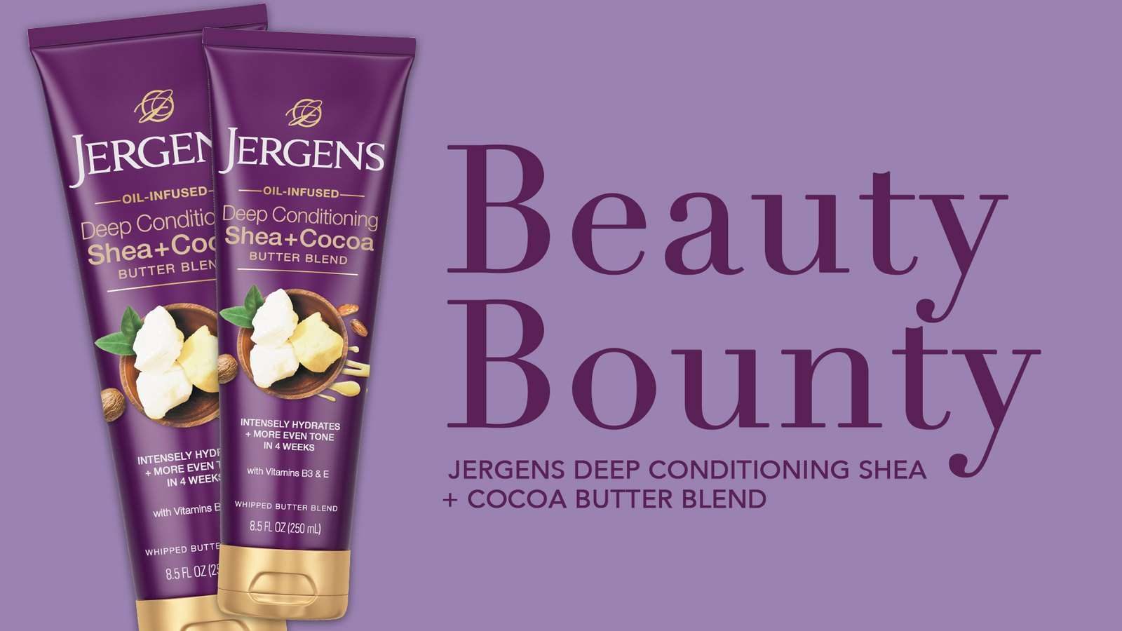 Title card exploration: two Shea + Cocoa tubes beside Beauty Bounty in a serif, on lilac