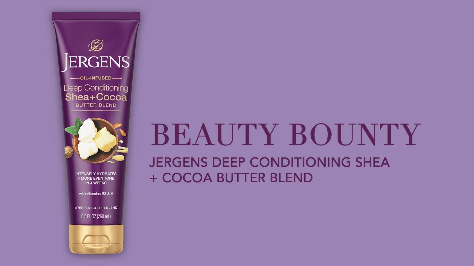 Title card exploration: one Shea + Cocoa tube with a smaller Beauty Bounty title, on lilac