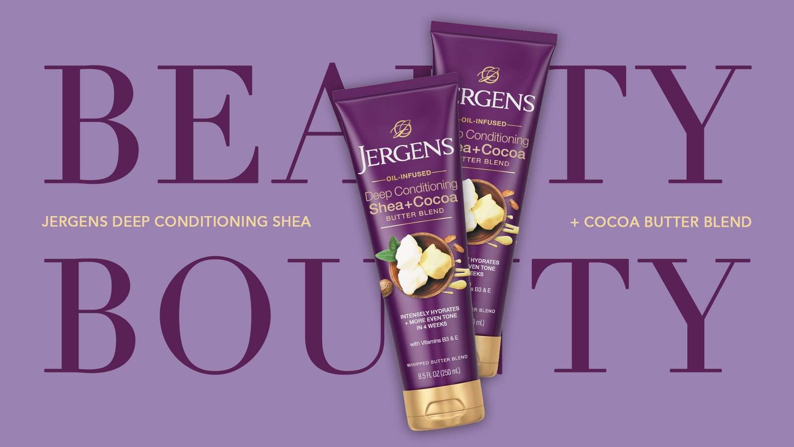 Title card exploration: two Shea + Cocoa tubes set over the Beauty Bounty type, on lilac