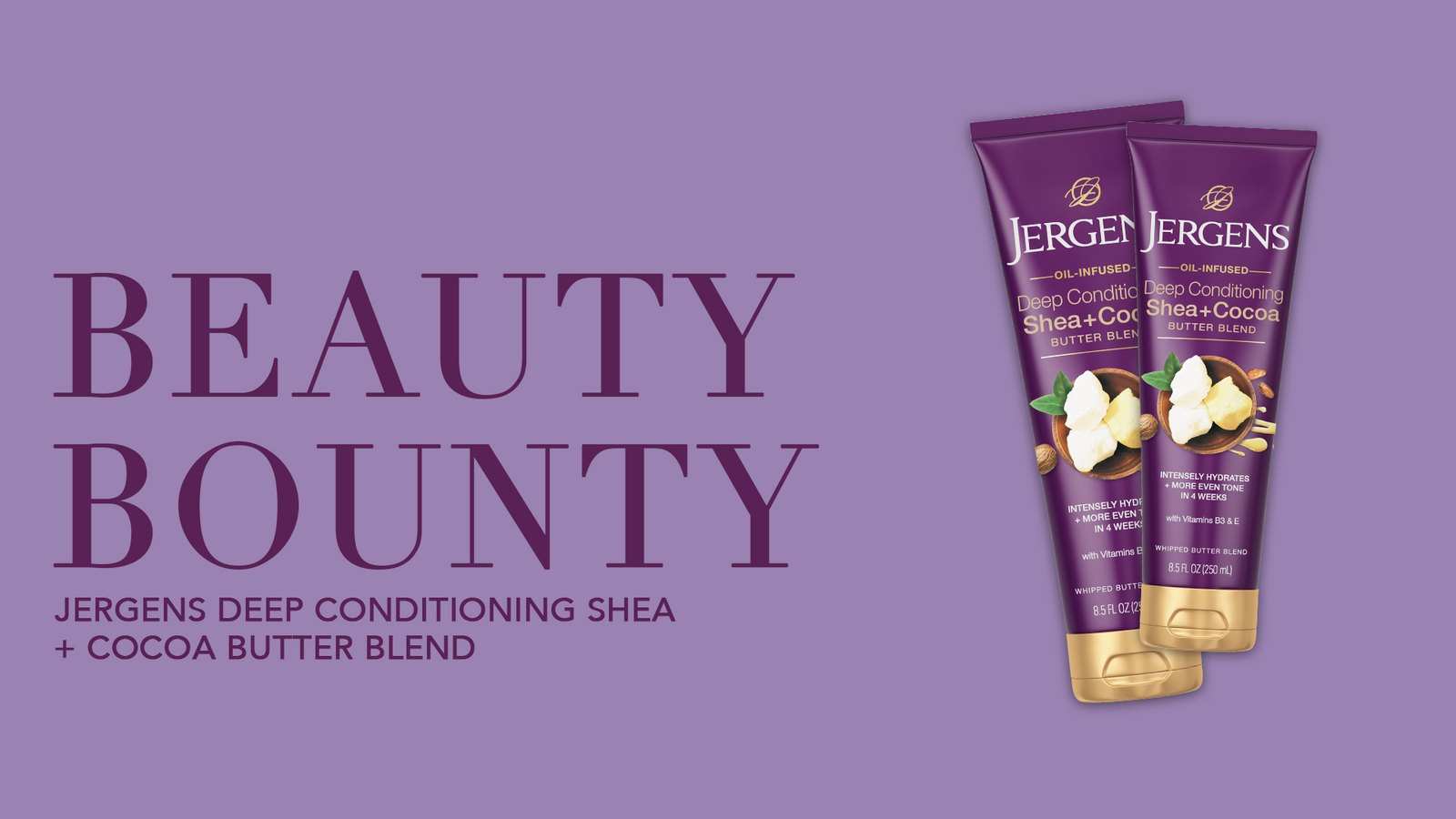Title card exploration: Beauty Bounty on the left, two Shea + Cocoa tubes on the right, on lilac
