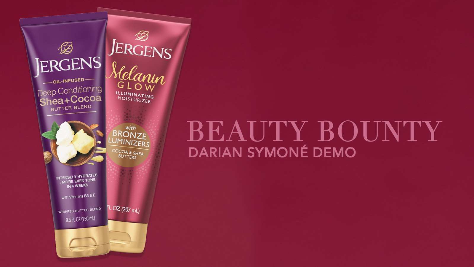 Title card exploration: Melanin Glow and Shea + Cocoa tubes beside Beauty Bounty, Darian Symoné Demo, on lilac