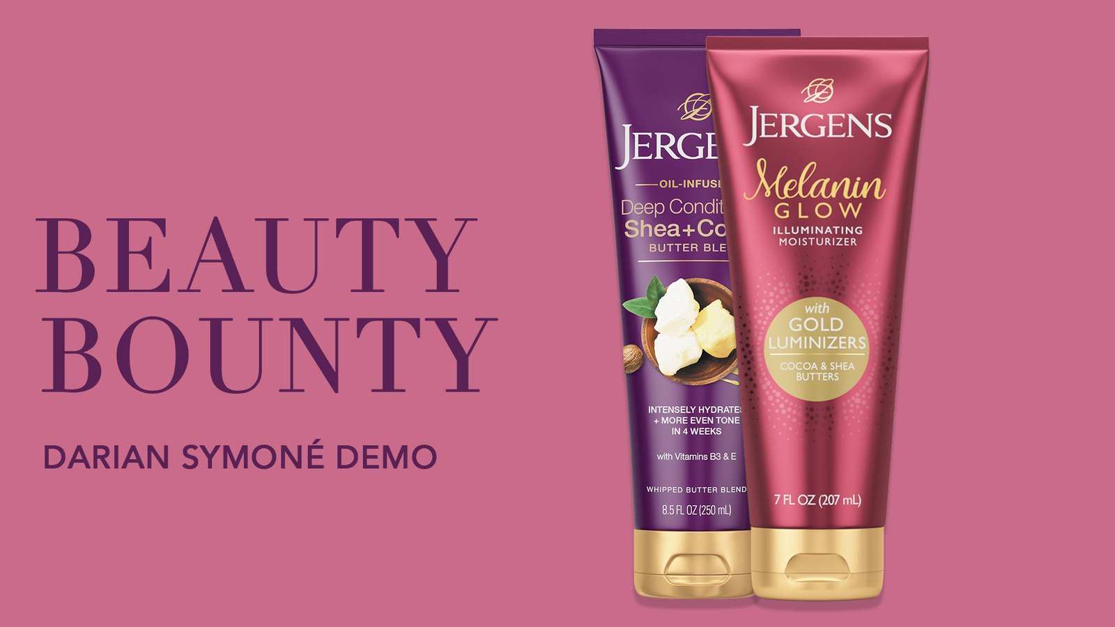 Title card exploration: two tubes beside Beauty Bounty, Darian Symoné Demo, on deep red