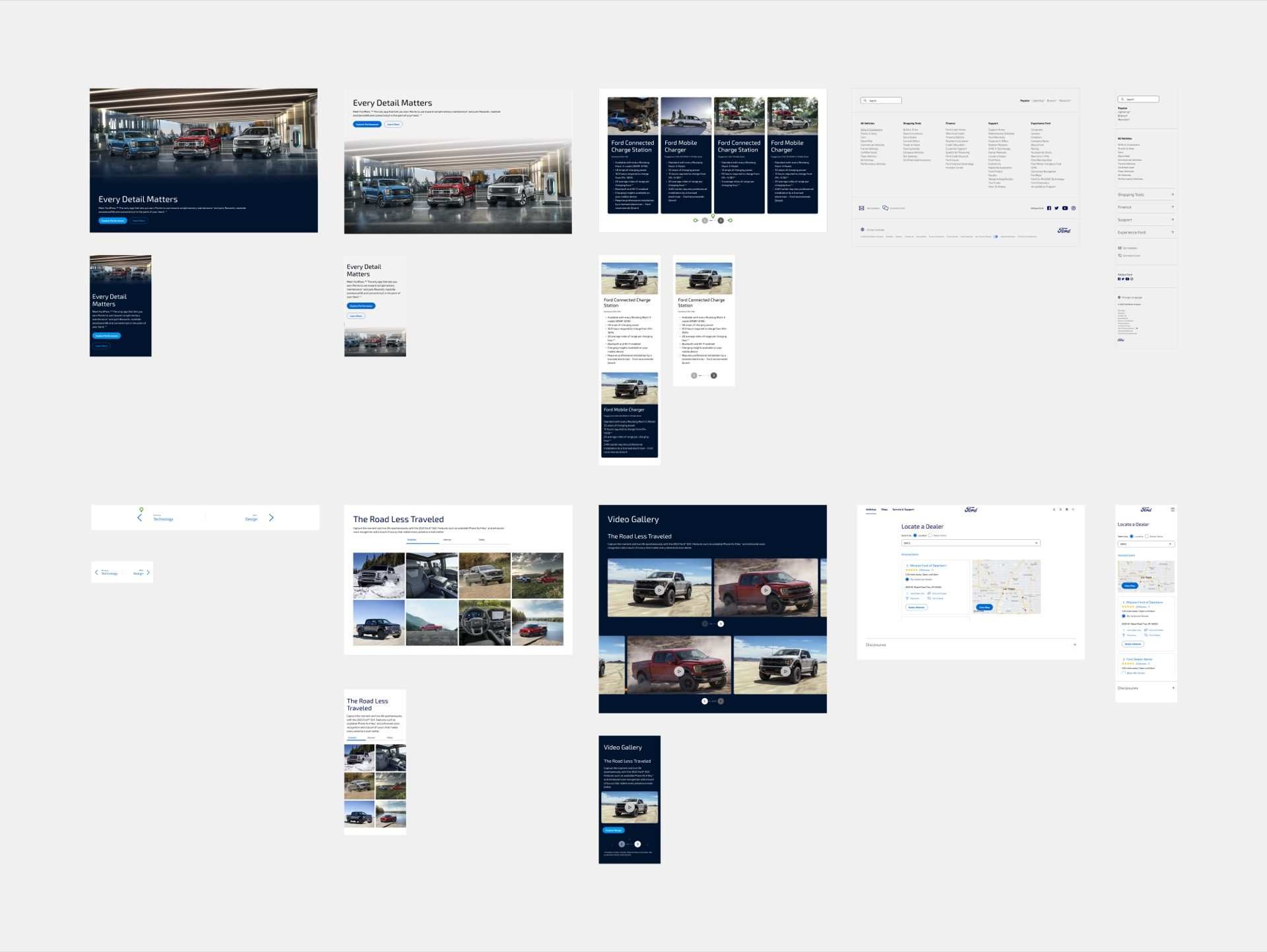 Components board at desktop and mobile sizes: the Every Detail Matters hero, charger cards, footer navigation, locate a dealer