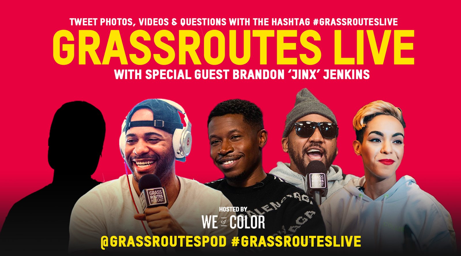 Grassroutes Live screen graphic: the hosts and guest under the show title, with the hashtag call to tweet questions