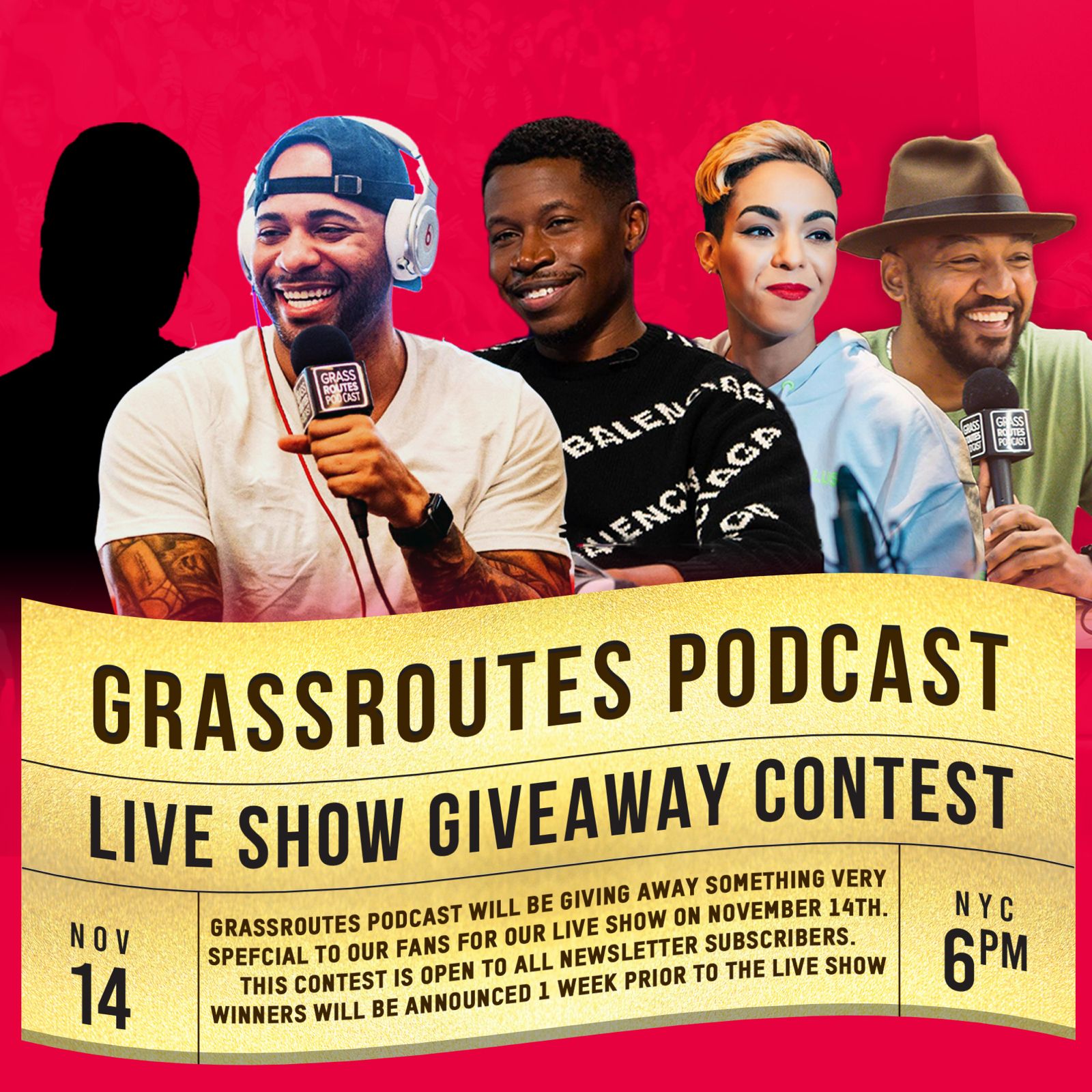 Grassroutes Podcast live show giveaway contest, square: the hosts above a gold ticket panel