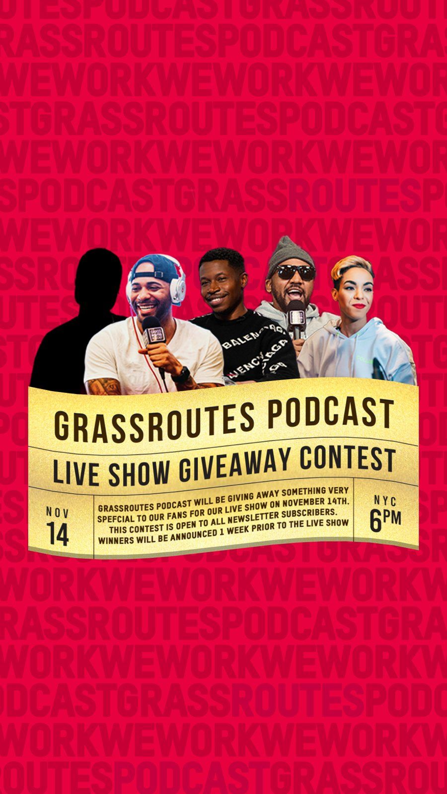 Live show giveaway contest, story size, over a repeating Grassroutes Podcast pattern