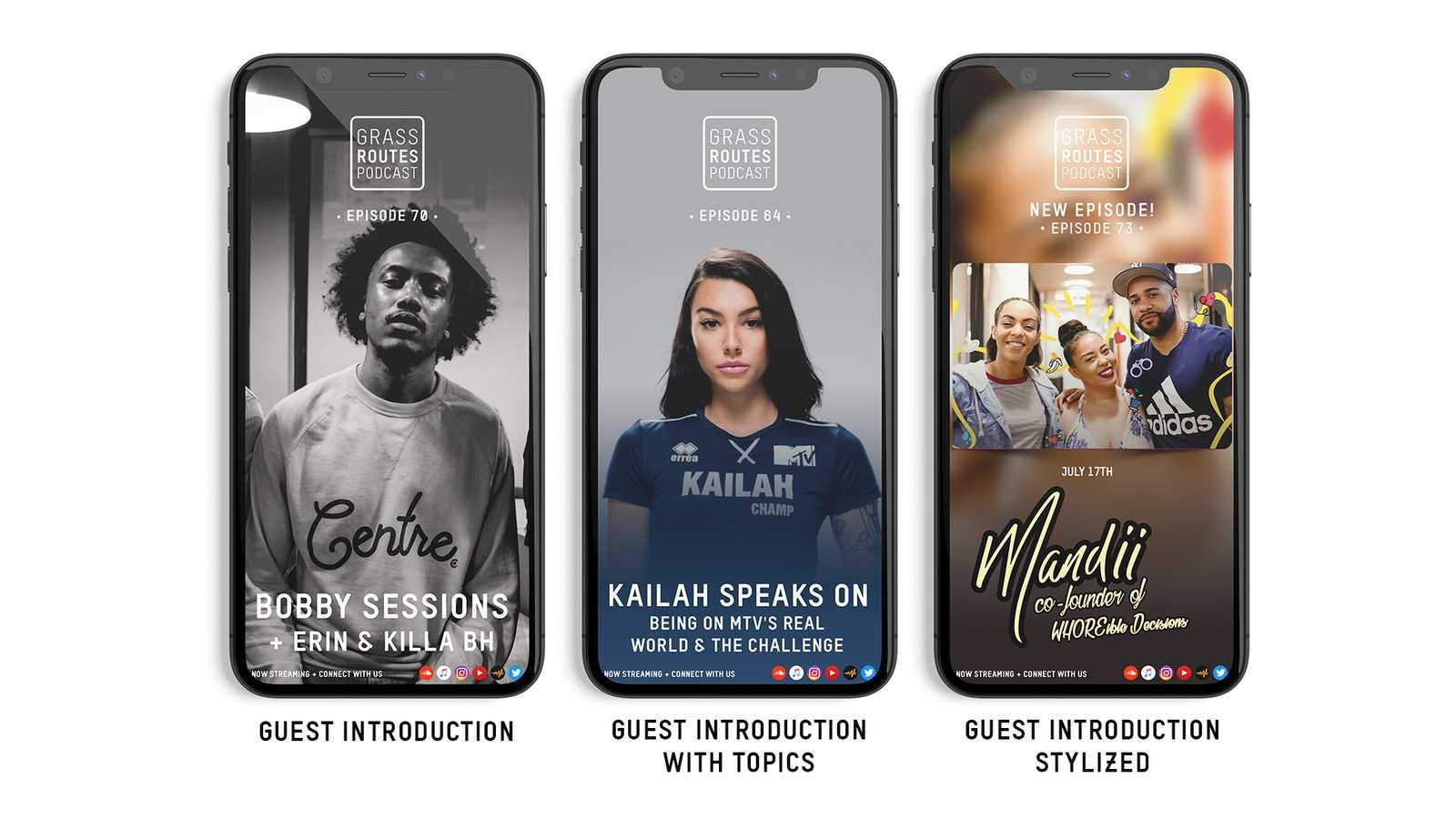 Three Instagram stories on phones: guest introduction, guest introduction with topics, guest introduction stylized