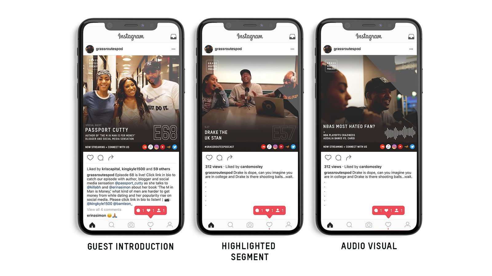 Three Instagram feed posts on phones: guest introduction, highlighted segment, audio visual