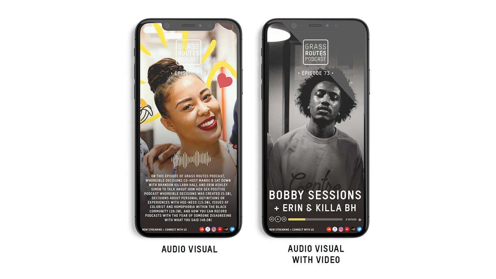 Two Instagram stories on phones: audio visual, and audio visual with video