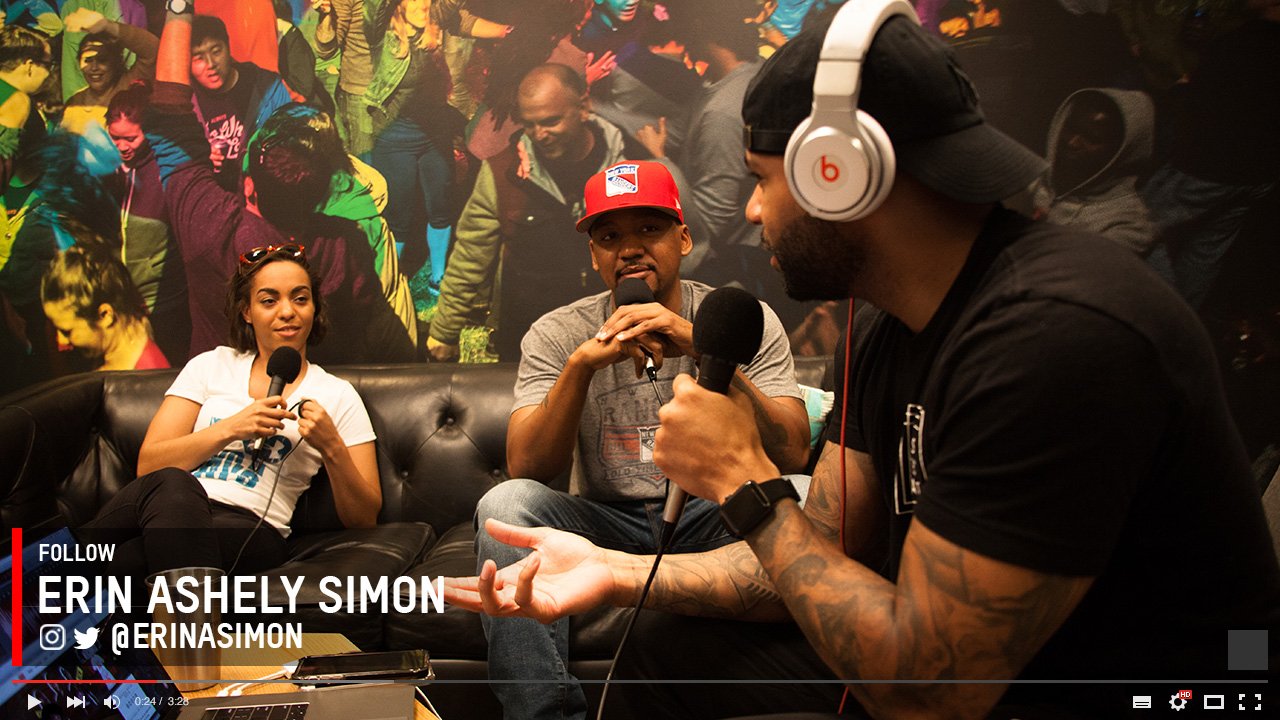 A lower third naming co-host Erin Ashely Simon over a studio interview