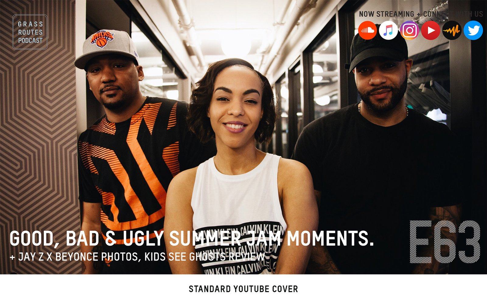 Standard YouTube cover, episode 63, the three hosts on a subway car