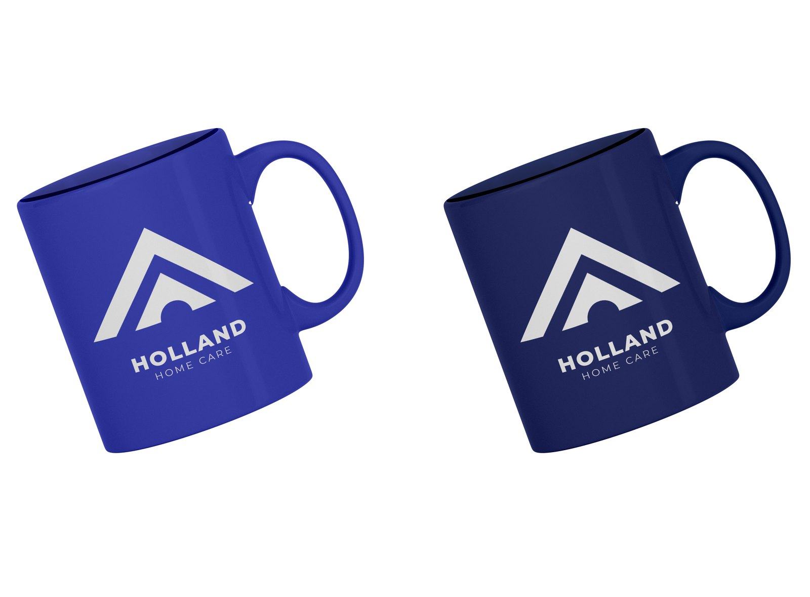 Two navy mugs with the Holland mark in white